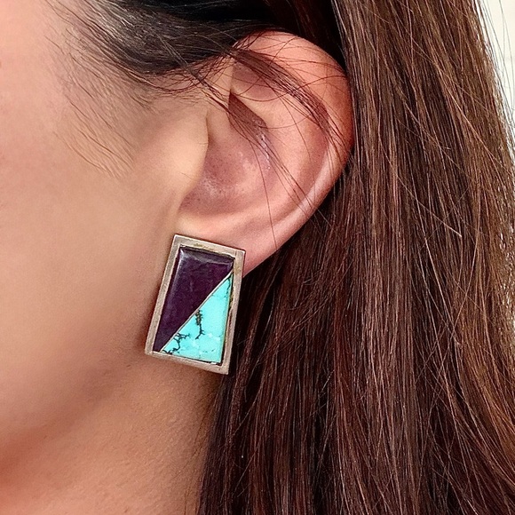 Sterling Silver, Turquoise and Purple-Gemmed Geometric Earrings EUC - Picture 5 of 5